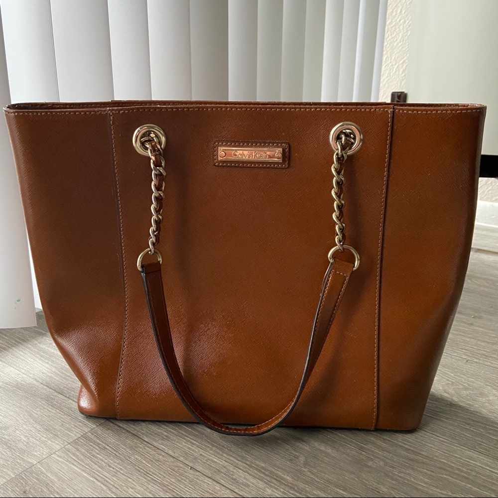 Calvin Klein Glossy Brown Leather Tote